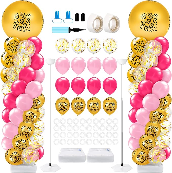 Kasyat 2 Set Pink Cheetah Print Balloon Column Stand Kit, Pink Leopard Print Balloon Garland Arch Kit Adjustable Stands for Jungle Safari Animal Baby Shower Wild One Birthday Party Decorations