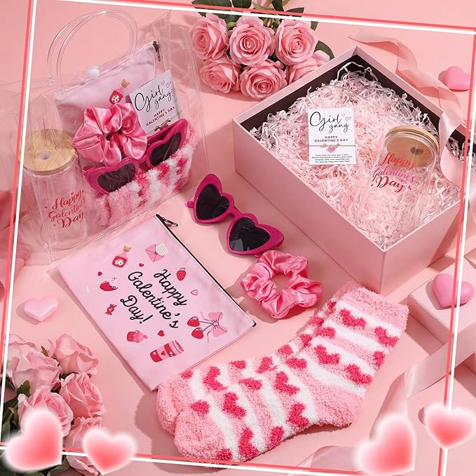 Zeyune 42 Pcs Galentines Day Gifts Valentines Gifts 6 Sets,Include Socks Glass Cup Friendship Bracelet Card Makeup Bag Heart Glasses Pink Scrunchies and Tote Bag for Women Friend Party Favors