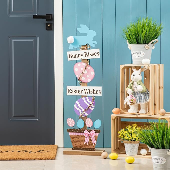 Glitzhome 35.5"H Easter Wooden Bunny and Eggs Porch Decor, Easter Welcome Sign Decorations for Home or Yard