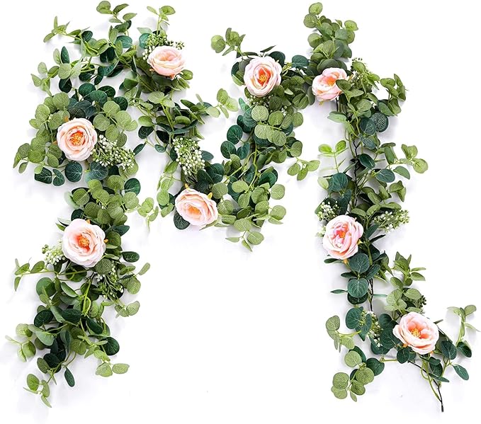 PARTY JOY 2pcs 6.56ft Eucalyptus Garland with Flowers-8 Pink Roses-Lush,Natural Looking, Floral Garland Greenery for Party Wedding Table Indoor Outdoor Backdrop Wall Decor（Pink）
