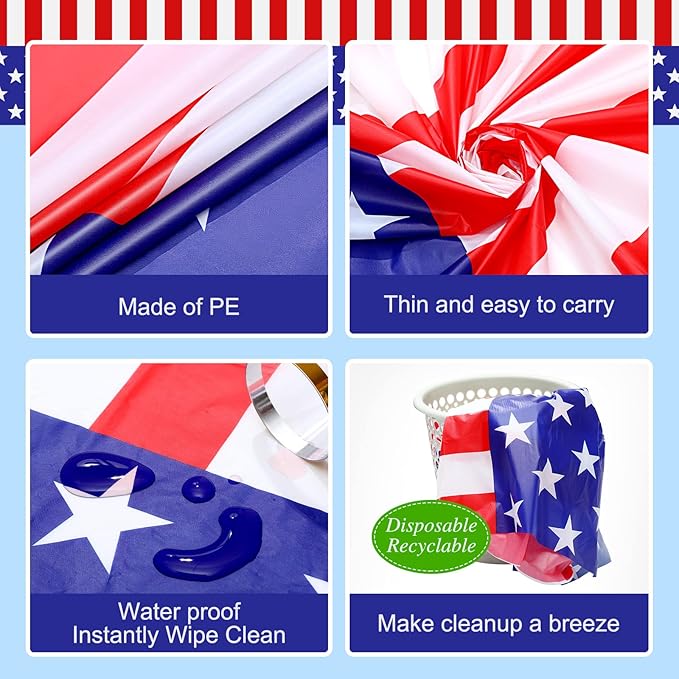 30 Pieces 4th of July Tablecloths 54 x 108 Inch Red White and Blue American Flag Disposable Plastic Table Covers Patriotic Party Supplies Decor for Memorial, Independence, Veterans Day