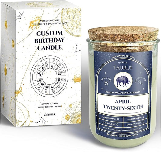 Birthday Candles - Custom Birthdate Astrological Zodiac Scented Candles. Astrology Gifts. All Natural Soy Wax. 75+ Hour Burn Time. Made in USA - April 26