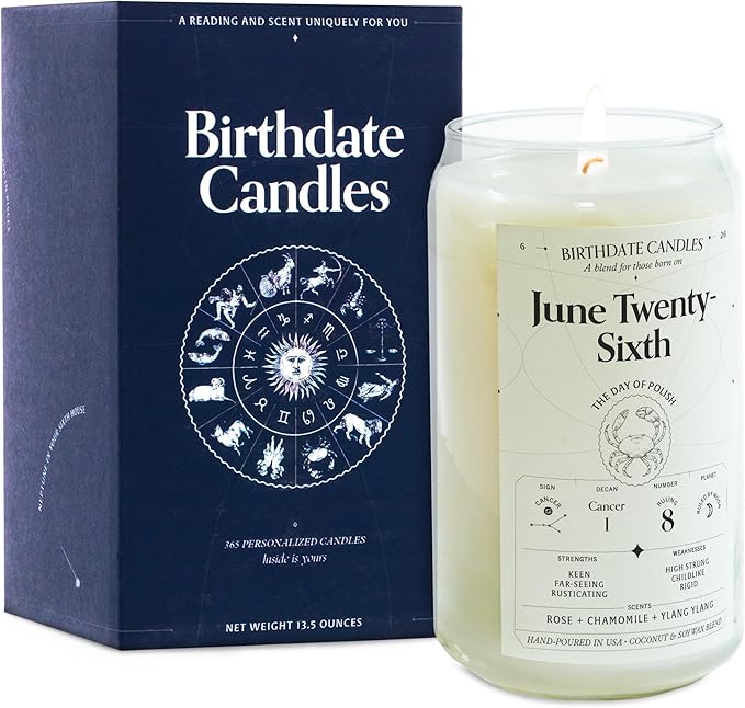 Birthdate Candles, June 26 - Cancer Zodiac Scented Candles Birthday Gift - Rose, Chamomile & Ylang Ylang Scent - All-Natural Soy & Coconut Wax, 60-80 Hour Burn Time - Made in USA