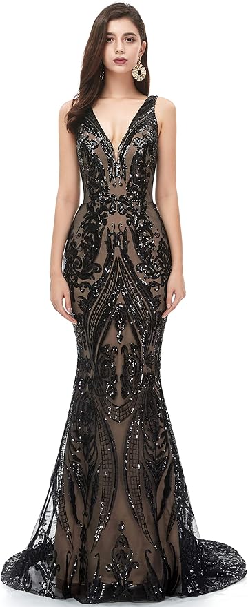 Women's Double V-Neck Sequins Lace-up Mermaid Evening Dress