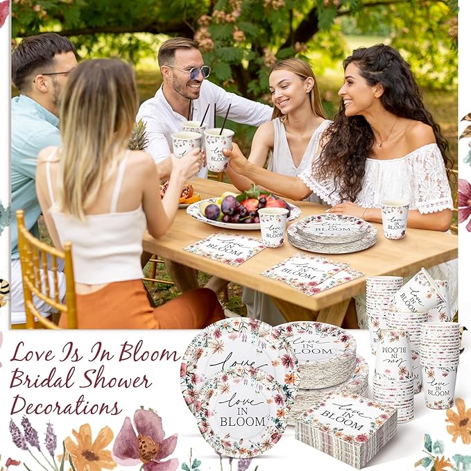 Zhehao 250 Pcs Bridal Shower Plates Napkins Sets 50 Pcs 9'' Dinner Plates 50 7'' Dessert Plate and 9oz Cups 100 Napkins Party Supplies Bridal Shower Decoration (Multicolor,Love in Bloom)