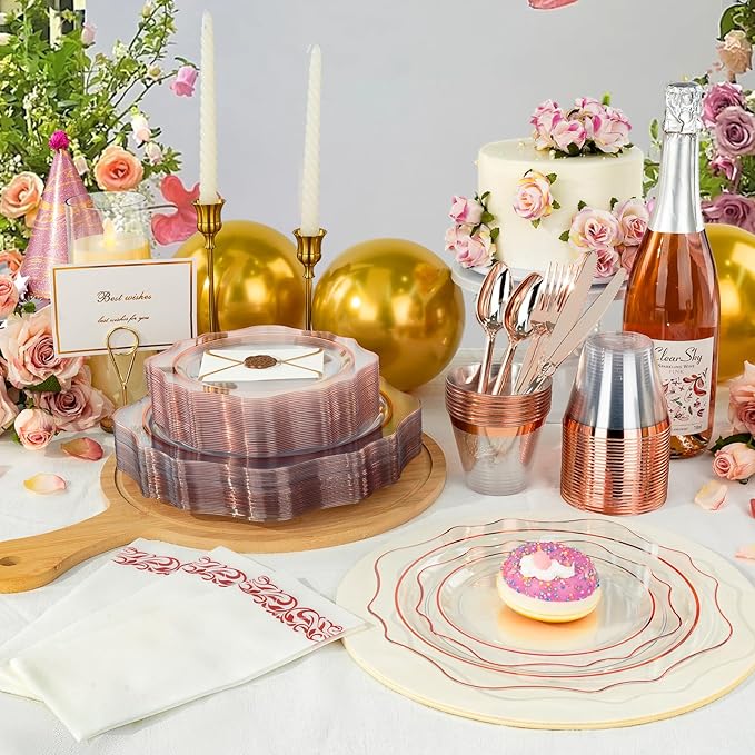 350 PCS Clear and Rose Gold Plastic Plates, Rose Gold Disposable Plates for 50 Guests, Includes 100 Disposable Plates, 50 Cups, 150 Silverwares, and 50 Napkins for Party, Wedding