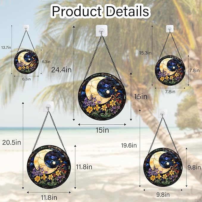Stained Glass Window Hanging - Blue Night Sky Moon Suncatcher for Door Terrace Garden Home Decor Wildflowers Sun Catcher Birthday Gifts for Lovers Women Men Dad Mom Nana 15 in