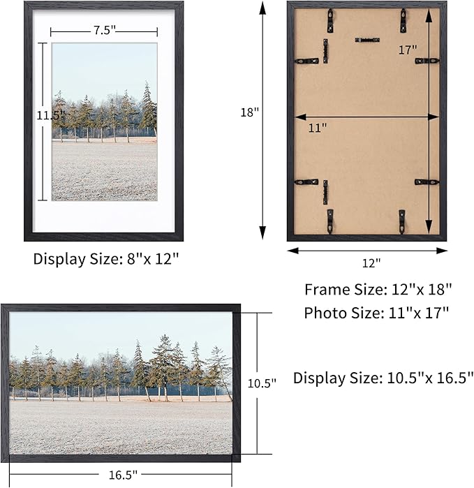 Axeman Oak Wood 11x17 Picture Frame with Mat for 8x12, Tempered Glass, Natural Wall Decor, Black