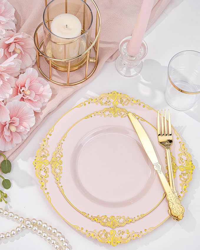 Nervure 100PCS Pink and Gold Plastic Plates - 10.25Inch Pink Disposable Plates - Plastic Dinner Plate for Weddings & Parties