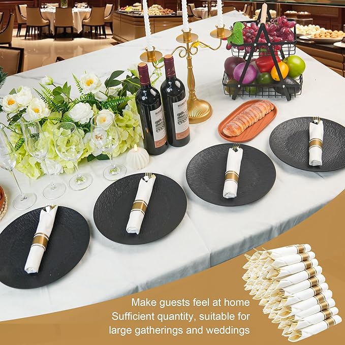 400 PCS Pre Rolled Napkin and Cutlery Set, Gold Plastic Flatware Sets Wrapped in Napkin, Disposable Cutlery Set with 100 Forks, 100 Knives, 100 Spoons, 100 Napkins for Wedding, Party，Dinner