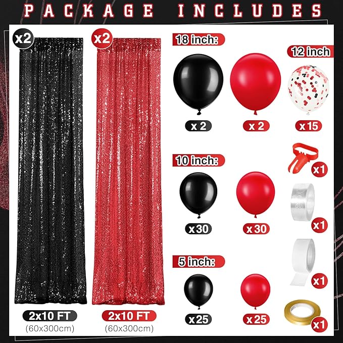 137 Pcs Red Black Party Backdrop Kits, 4 Sequin Backdrop Curtain 133 Balloon Arch Kit Garland Photo Background for Christmas 2026 New Year's Eve Anniversary Birthday Movie Night Decor