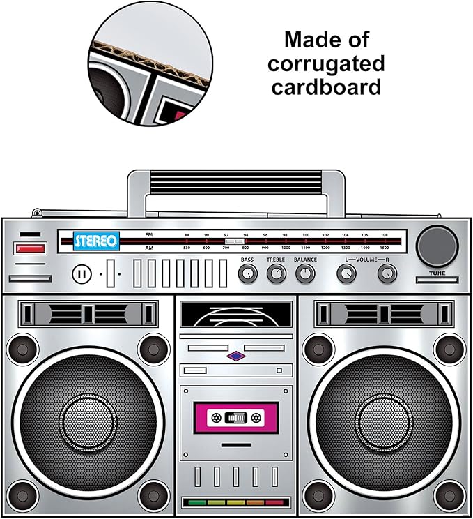 Beistle 80s Boom Box Stand-Up, Retro Metallic Cardboard Decoration, Perfect for 1980s ERAS Theme Dance Parties, Photo Booth Props, and Throwback Events, Large 3' 3¼" x 4' 5"