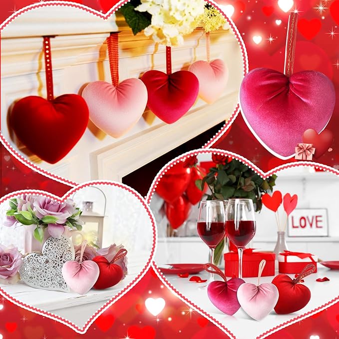 18 Pcs Valentine's Day Hanging Heart Ornaments Handmade Heart Shaped Velvet Gifts 4.3 Inches Hanging Valentine Tree Ornaments for Wedding Anniversary Party Decorations(Red, Pink, Rose Red)