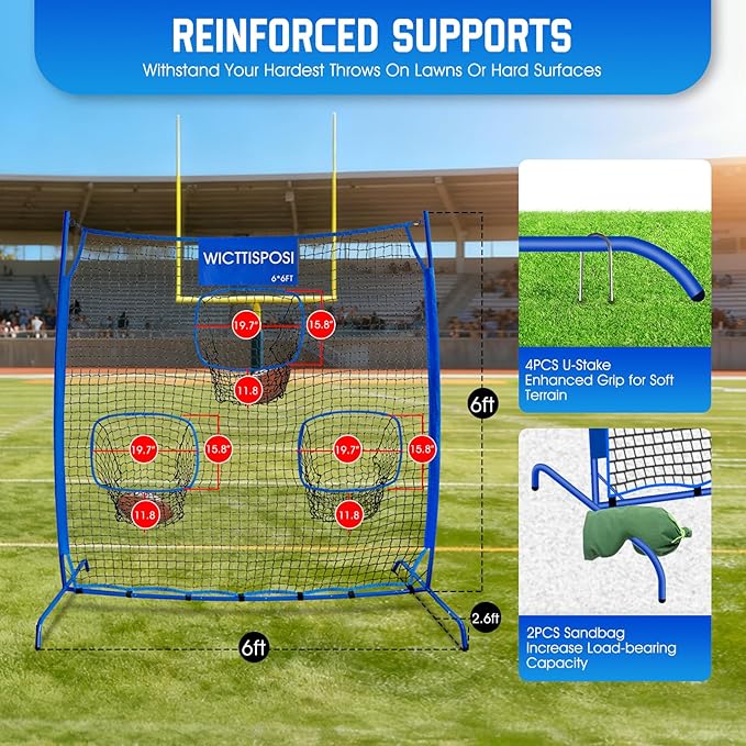 Football Throwing Net, Upgrade Heavy Duty Metal Frame Quarterback Training Equipment Throwing Machine with 1-4 Targets, Easy Setup Football Target Practice with CarryBag, Allweather Indoor Outdoor Use