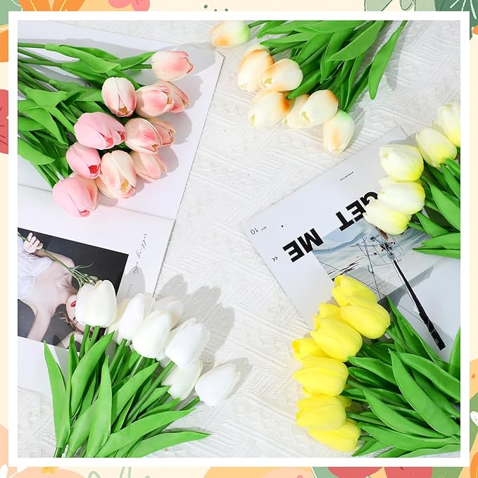 Jexine 100 Pcs Artificial Real Touch Tulips Fake Artificial Tulip Flower Bulk Bouquet with Stem for Table Centerpieces Wedding Bridal Easter Mother's Day Garden Home Decor, 13.4''(Colorful)