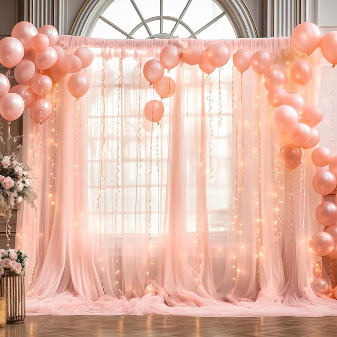 30x8ft Peach Tulle Backdrop Curtain with Lights String for Parites, Sheer Photo Backdrop Curtains with Lights for Wedding Backdrop Ceremony Reception Bridal Shower Baby Shower Birthday Party