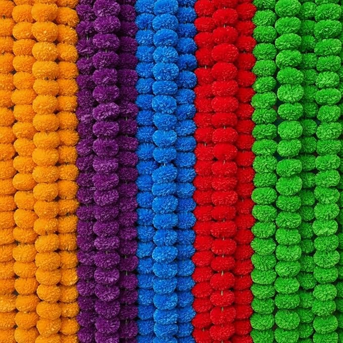 Giegxin 15 Pack Marigold Garland for Decoration 5 ft Long Strands Faux Artificial Marigold Flowers for Dia De Los Muertos Diwali Indian Wedding Party Decorations(5 Colors)