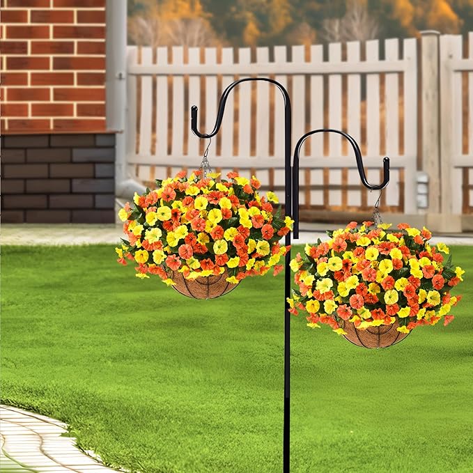 Artificial Fake Hanging Flowers Plants Baskets for Outdoor Decoration, Faux Silk UV Resistant Look Real Morning Glory Arrangement for Porch Patio Garden Deck Home Summary Decor(Orange Yellow)