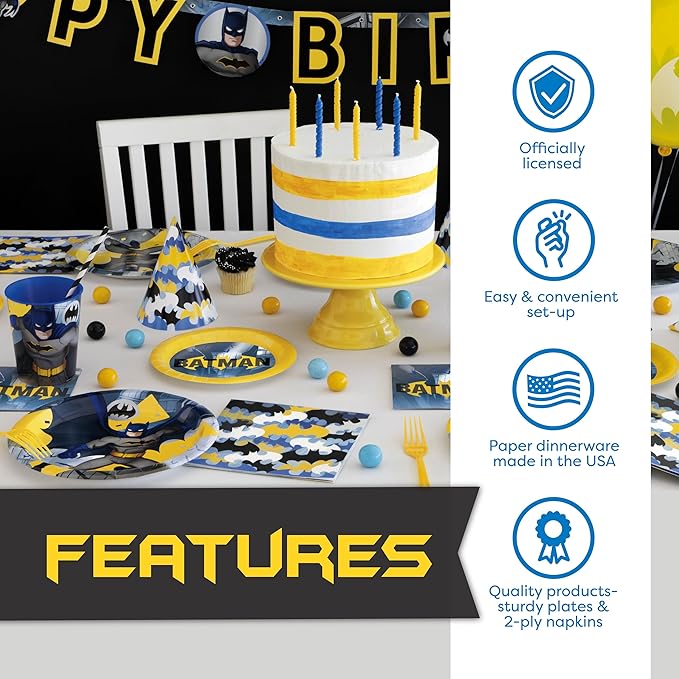 Batman Birthday Decorations and Party Supplies | Serves 16 Guests | Balloons, Banner, Table Cover, Masks, Plates, Cake Plates, Napkins, Cups, Button | Officially Licensed
