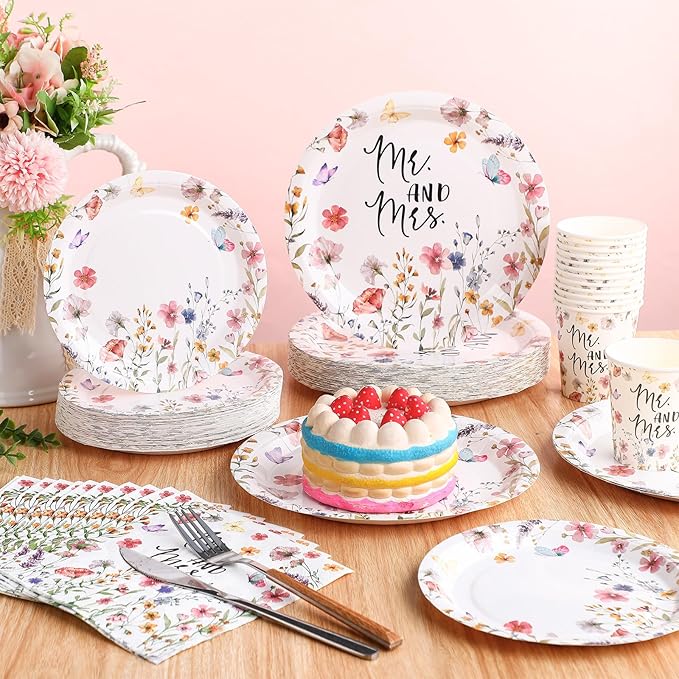 Zhehao 250 Pcs Mr. and Mrs. Bridal Shower Plates Napkins Sets 50 Pcs 9'' Dinner Plates and 7'' Dessert Plate and 9oz Cups 100 Napkins Serves 50 Party Supplies Bridal Shower Engagement Decoration