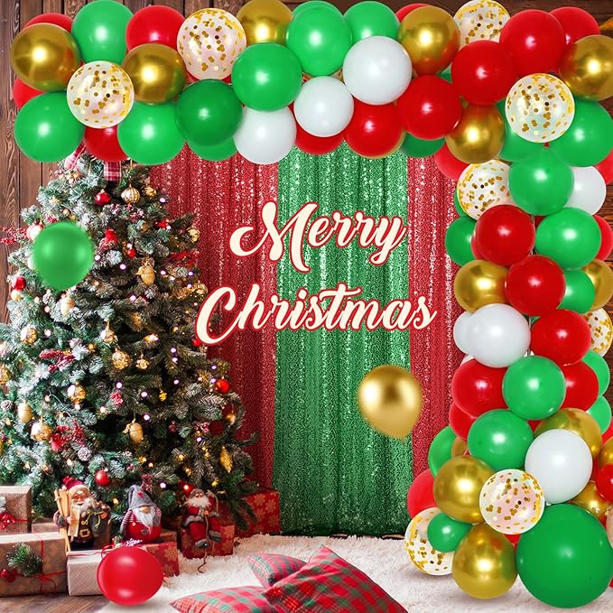 137 Pcs Red Green Christmas Party Backdrop Kits-4 Sequin Curtains Backdrop 133 Balloon Arch Kit, Glitter Photo Background for Xmas New Year Eve Birthday Wedding Anniversary Baby Shower
