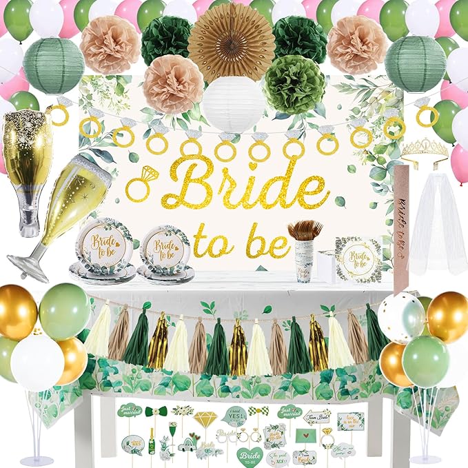 265 Pcs Sage Green Bridal Shower Decorations Eucalyptus Bachelorette Party Decoration Bride to Be Disposable Dinnerware Set with Tablecloth Veil Tablecloth Photo Booth Props, Serve 25 Guest