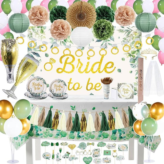 265 Pcs Sage Green Bridal Shower Decorations Eucalyptus Bachelorette Party Decoration Bride to Be Disposable Dinnerware Set with Tablecloth Veil Tablecloth Photo Booth Props, Serve 25 Guest