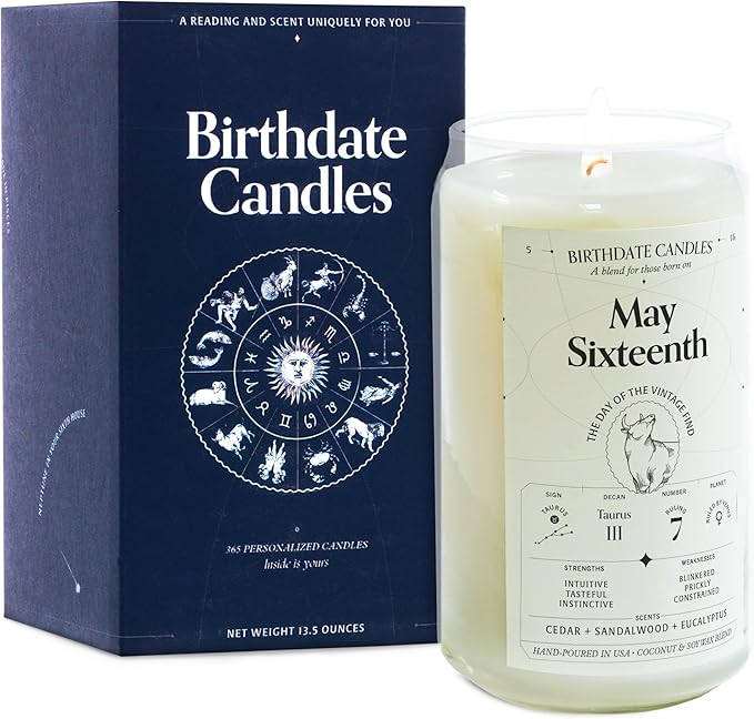 Birthdate Candles, May 16 - Taurus Zodiac Scented Candles Birthday Gift - Cedar, Sandalwood & Eucalyptus Scent - All-Natural Soy & Coconut Wax, 60-80 Hour Burn Time - Made in USA