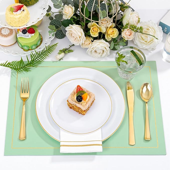 Festiva 350Pcs Gold Plastic Plates - White and Gold Dinnerware Set Disposable include 10" & 7" Plates,Cups,Silverware,Napkins -serve 50 Guests Perfect for Wedding& Easter&Birthday Party