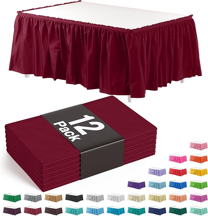 Exquisite Ruffle Table Skirt Burgundy 12 Pack 14 Ft Long Table Skirts for Rectangle Tables 6ft Plus or Round Tables Skirts with Adhesive Strip for Gender Reveal Decor & Happy Birthday Parties