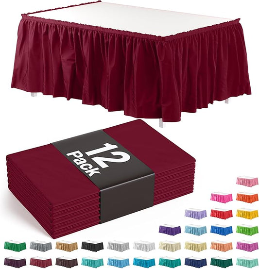 Exquisite Ruffle Table Skirt Burgundy 12 Pack 14 Ft Long Table Skirts for Rectangle Tables 6ft Plus or Round Tables Skirts with Adhesive Strip for Gender Reveal Decor & Happy Birthday Parties