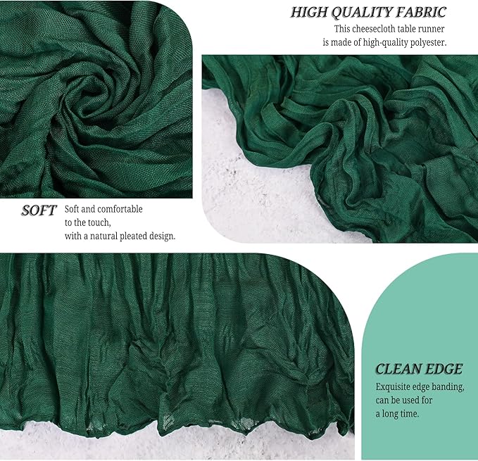 24 Pack Emerald Green Cheesecloth Table Runner 120 inch Fall Thanksgiving Boho Rustic Gauze Farmhouse 10FT Cheese Cloth Runner for Baby Shower Wedding Party Holiday Home Decor