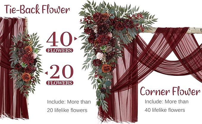 Wedding Arch Flowers with Drapes Kit (Pack of 4) - 2pcs Artificial Burgundy Deluxe Swag with 2pcs Sheer Drapes for Wedding Ceremony Arbor Reception Backdrop Rose Floral Decoration