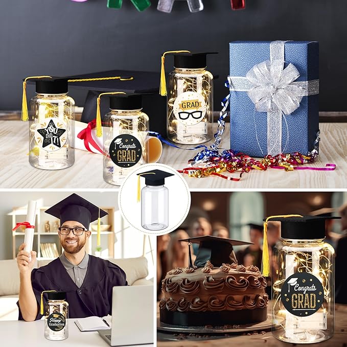 Boao 16 Sets Graduation Table Decoration Set with LED Light up Graduation Decorations for Class of 2026, Grad Jar, Felt Grad Hat and Stickers for High School College(Black)