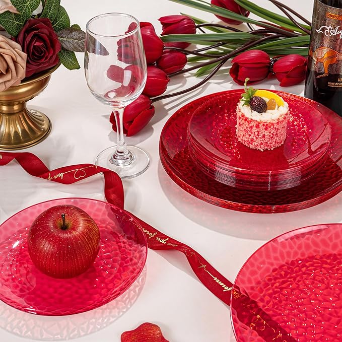 Rubtlamp 60 Pcs Red Plasitc Plates, Heavy Duty, Disposable,Clear Red Disposable Plates, Hammered Plastic plates Include 30 Dessert Platos, 30 Dinner Platos for Party