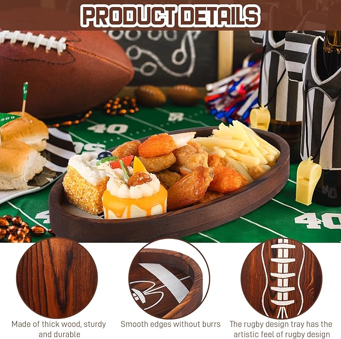 Hushee 3 Pcs Football Serving Trays and Platters 13 Inch Wooden Shaped Football Serving Dishes Tailgate Party Platter Snack for Game Party Decoration(Classic Style)