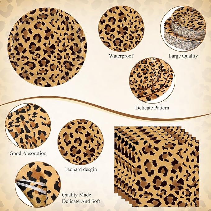 452 Pcs Leopard Print Party Decoration, Cheetah Print Paper Plates Napkins Cups Tablecloth Cutlery Straws for Jungle Safari Animal Theme Birthday Baby Shower Party Supplies Serve 50
