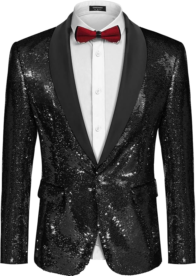 COOFANDY Mens Shiny Sequin Blazer Tuxedo Party Dinner Prom One Button Suit Jacket