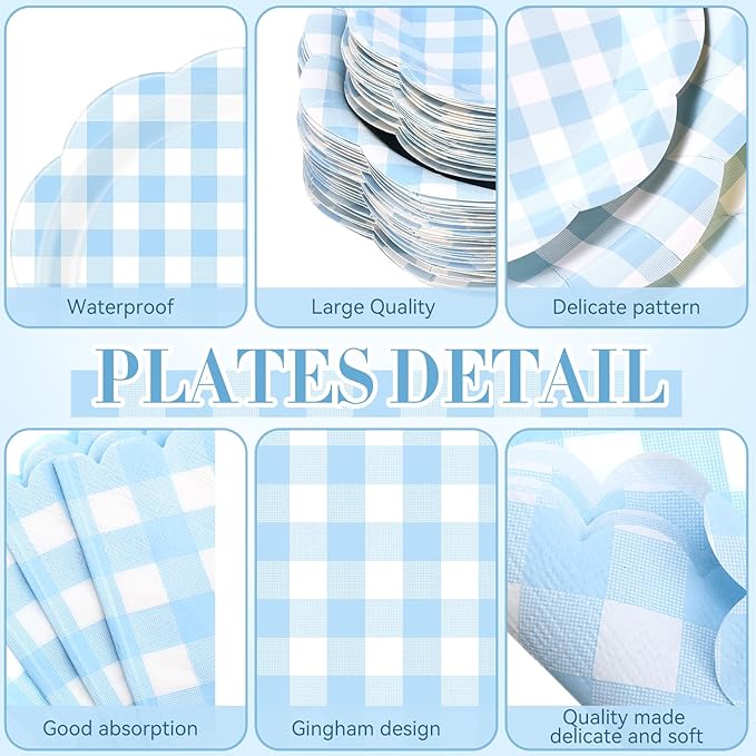 452 Pcs Blue Gingham Party Supplies for 50 Guests Include White and Blue Checkered Paper Plates Napkins Cups Tablecloth Cutlery Straws for Birthday Baby Shower Wedding Party Decorations