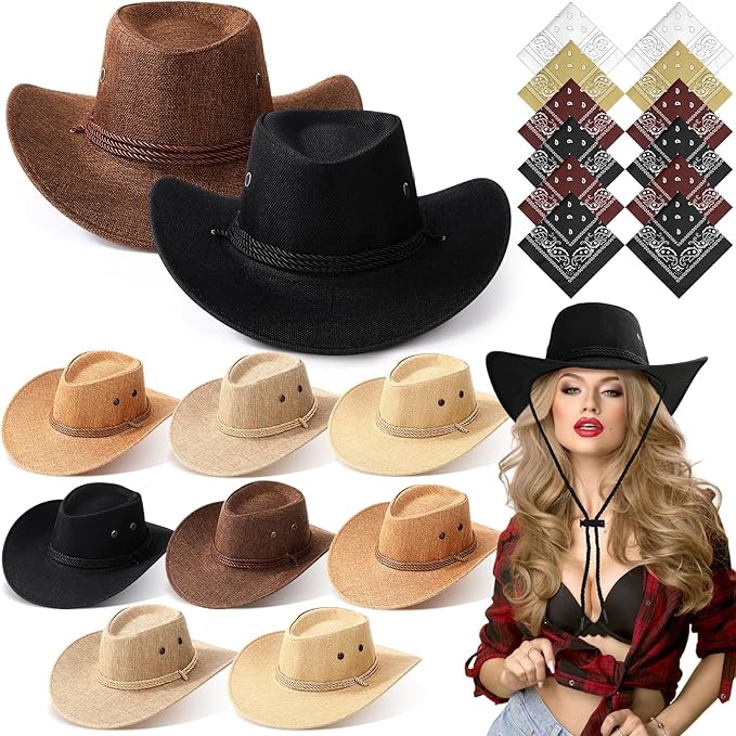 Coume 10 Set Cowboy Hat and Bandana for Women Men 10 Felt Cowgirl Cowboy Hat Bulk 10 Western Bandanas for Adult Costume Party