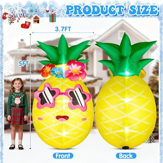 5FT Winter Inflatable Pineapple Winter Decor Blow up Pineapple Built in 4 LED Lights Outdoor Decorations Giant Inflatable for Birthday Pool Beach Yard Lawn Frozen Party Supplies