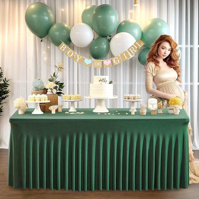 6 Packs Green Table Clothes for 8 Foot Rectangle Tables, Wrinkle Resistant Stretch Spandex Table Covers Fitted Tablecloth with Skirt for Easter Event Banquet Wedding Birthday Party