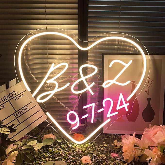 Custom Initials Name With Date Neon Sign Wedding Heart LED Neon Light Customizable Wedding Engagement Party Backdrop Wall Decor Personalized Gifts