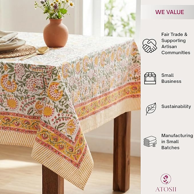 ATOSII Clover Yellow 100% Cotton Rectangle Fall Tablecloth, Handblock Floral Print Linen Table Cloth for Kitchen Dining I Parties, Outdoors, Christmas, Thanksgiving I 72 X 140 Inches I 12 Seater