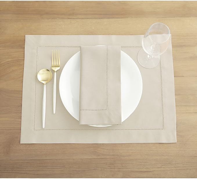 Solino Home Cotton Linen Placemats Set of 4 - Hemstitch Linen Placemats 14 x 19 Inch - Machine Washable Table Mats for Spring, Easter
