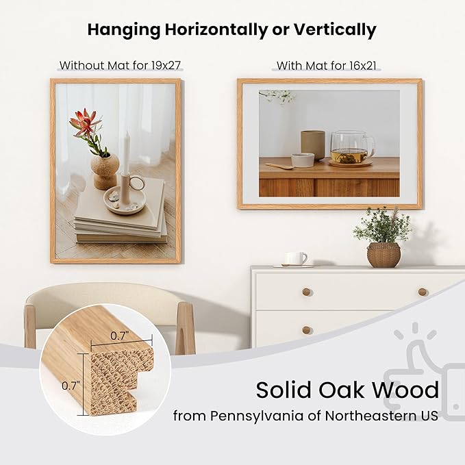 Axeman 19x27 Picture frame with mat for 16x21, Tempered Glass and Hanging Hardware Included Natural Oak Home Decor Art Hanging Frame, Natural Oak