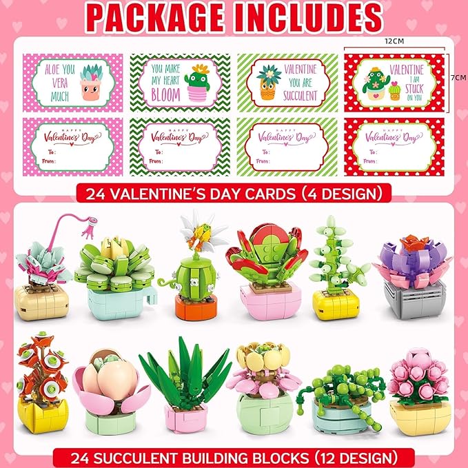 Valentines Day Gifts for Kids - 24 Packs Succulents Building Blocks with Valentines Day Cards for Kids School Boys Girls, Artificial Botanical Toy Exchange Gifts Classroom Prizes Party Favor