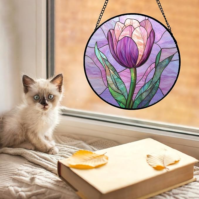 Stained Glass Window Hanging Purple Tulips Flower Large 15" - Suncatcher Door Garden Sun Catcher Home Decor Birthday Mother's Day for Mom Men Woman Parents Her Nana Friend