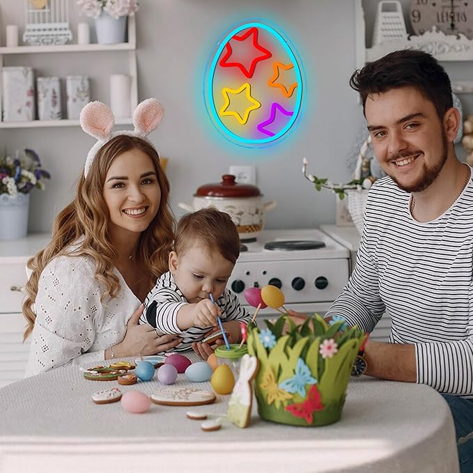 Egg Neon Light Happy Easter Decor - Dimmable Colorful Easter Egg Neon Light, LED Neon Sign USB Power for Bedroom Party Study Baby Man Cave Gift(9 * 11.8in)