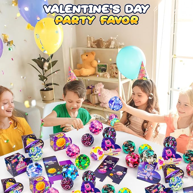 24 Pack Valentines Day Gifts for Kids, 24 Moon Bouncy Balls with Valentines Day Cards for School Class Exchange Goodies Bag Stuffers Classroom Party Favors